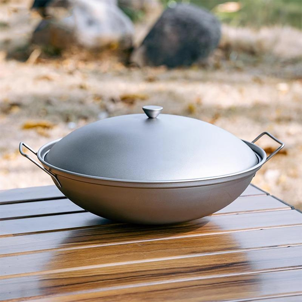 Outdoor Camping Kitchen Table - Titanium Wok Pan with Lid Double